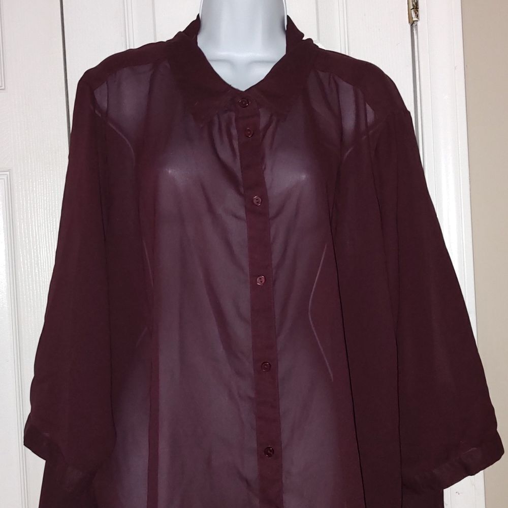 Attention dark mauve sheer button down blouse Sz … - image 3